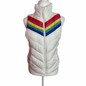SO Retro 90’s White/Diagonal Rainbow Striped White Full Zip Puffer Vest Size XS